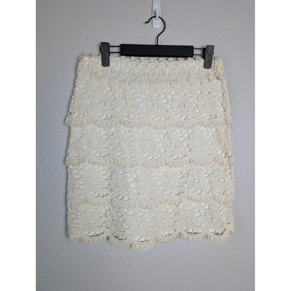 LOFT Skirt Womens 0 White Lace Floral Short Pencil Lined Zip Cotton Casual